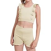 CharmWM Girls 2 Piece Outfits Athletic Ruffle V Crossover High Waisted Dance Shorts with Training Bra Crop Tank 3-10Years