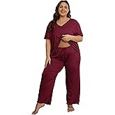 Vozanet Women's Plus Size Pajama Sets Short Sleeve Long Pants Solid Color with Piping Trim Elegant Loungewear Cozy Sleepwear