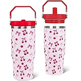 Zifmrtrwn Cherry Tumbler with Handle and Flip Straw Bows Cherry Water Bottle Insulated Leak Proof Cup Coffee Travel Mug Valentines Birthday Gifts for Women Girls-30 oz(1PCS)