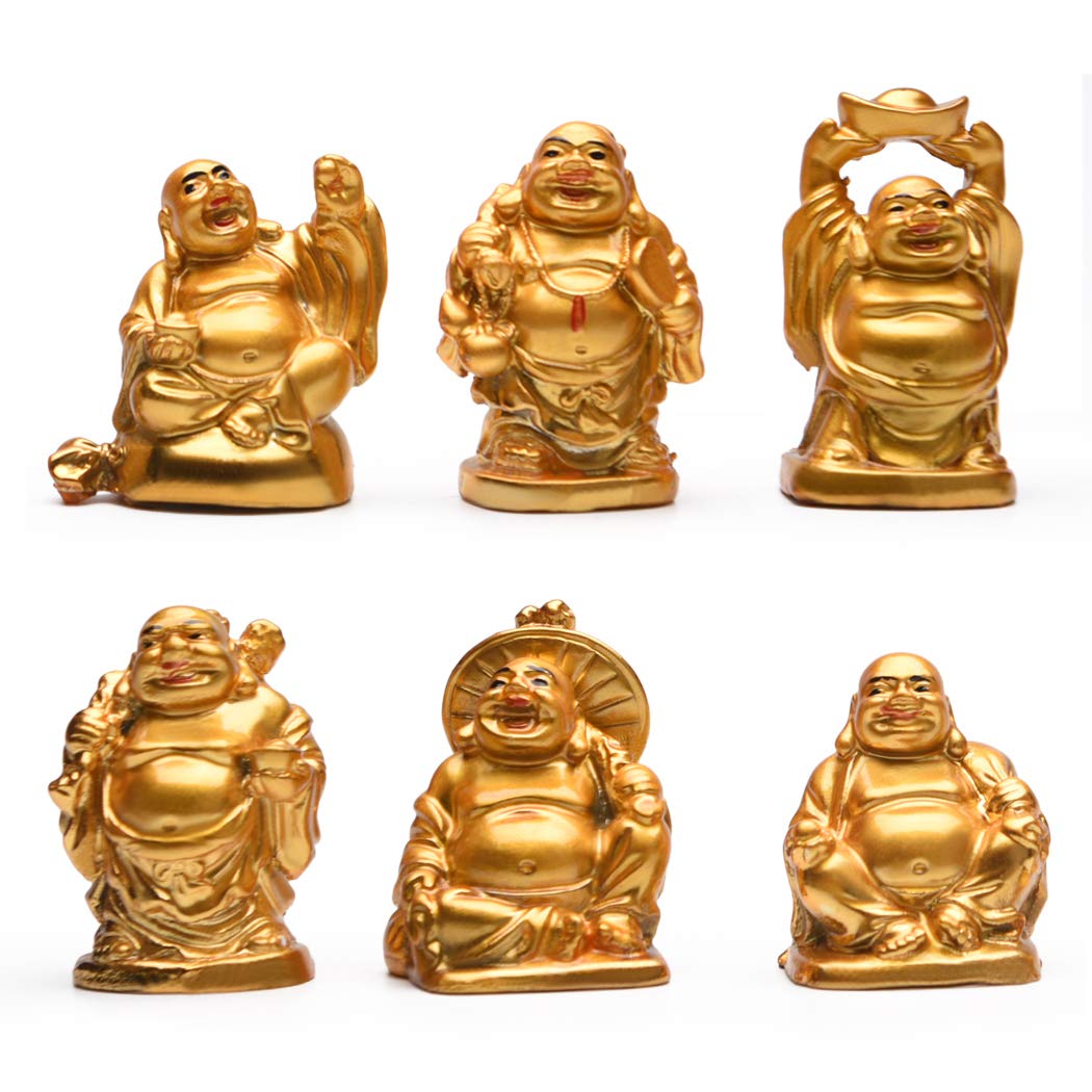 BRABUD 2'' Golden Laughing Buddha Figurines with Red Lips Good Gift and Collection Set of 6 (2'' Gilt)