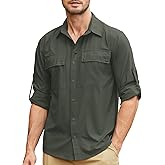 Men's Safari Shirt Long Sleeve UPF 50+ Sun Protection Quick Dry Fishing Hiking Shirt Lightweight Outdoor Travel