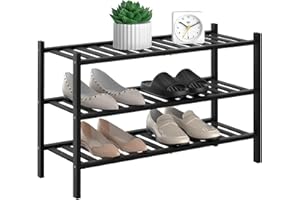 RONGJIA 3-Tier Natural Bamboo Shoe Rack - Stackable Storage Shelf with Multi-Function Combinations - Free Standing Shoe Racks for Convenient Shoe Organization（Black） 11" D x 27" W x 20" H
