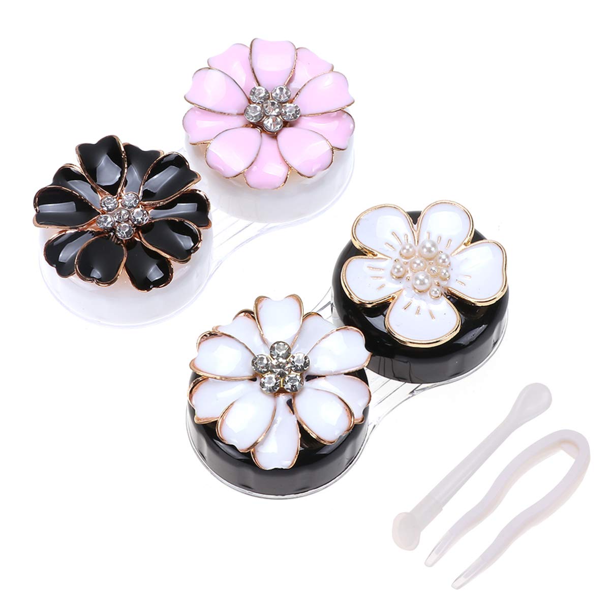 Photo 1 of ARTIBETTER 2 Pairs Contact Lens Box Kit Rhinestone Floral Pattern Lens Travel Case Container Holder Portable Storage Box