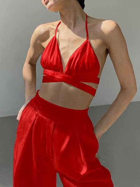 AI’MOURI SEXY 2 PIECE OUTFITS FOR WOMEN, SUMMER SATIN SLEEVELESS LACE-UP CROP TOPS AND WIDE LEG PANTS MATCHING SETS (RED, S)