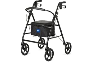 Medline Lightweight Aluminum Rollator Walker for Adult Mobility Impairment, Black, 300 lb. Weight Capacity, 8" Wheels, Foldable, Adjustable Handles, Walker for Seniors