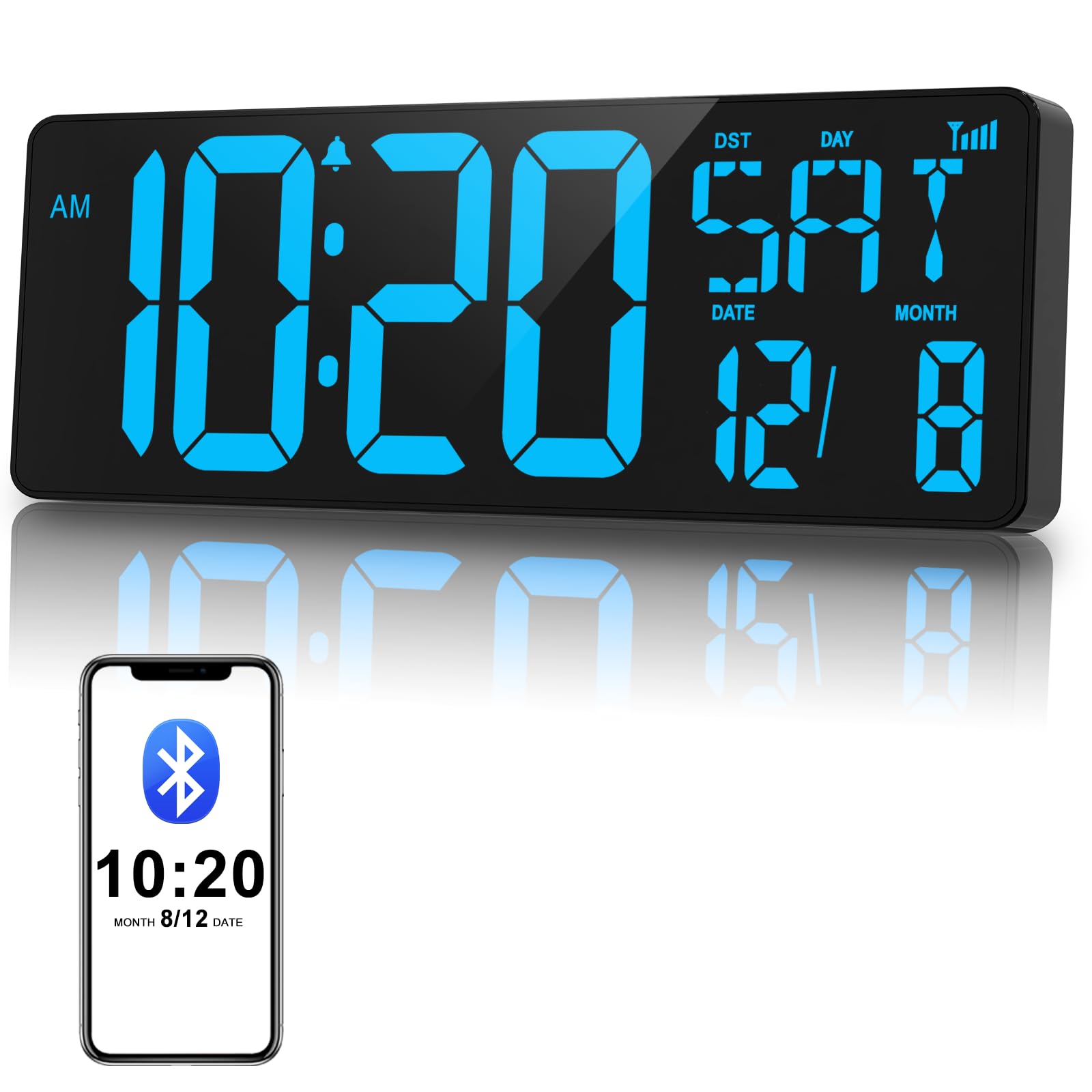 XREXS 17 Inch Digital Wall Clock | Bluetooth Auto-Sync Time | Auto-Dimming | Time, Date, Temperature Display | Digital Clock for Home Office, Classroom, Gym