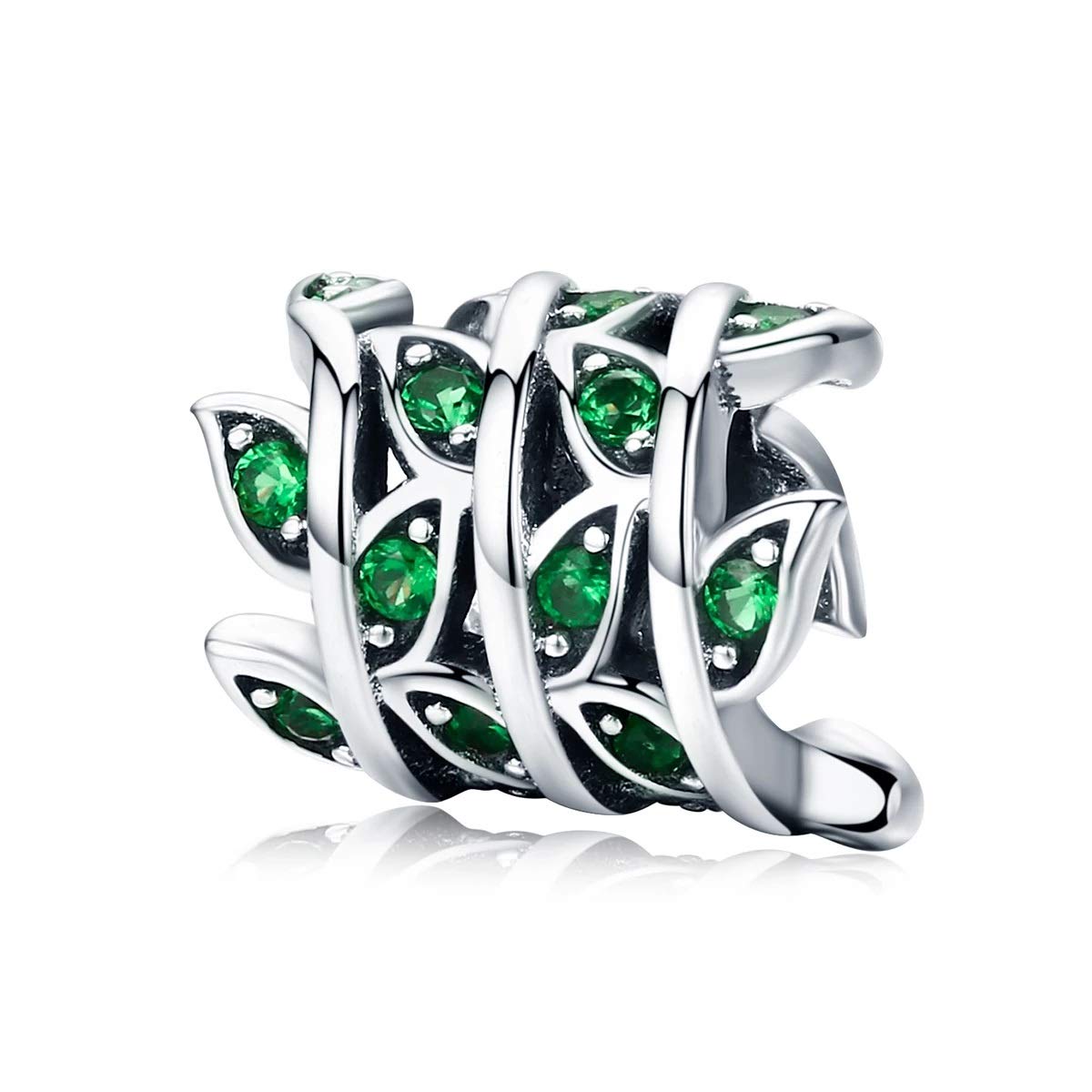 FeatherWish Family Tree Of Life Green Tree Leaves 925 Sterling Silver Sliding Bead Charm With Green Cubic Zirconia Compatible With Pandora Bracelet Or Necklace
