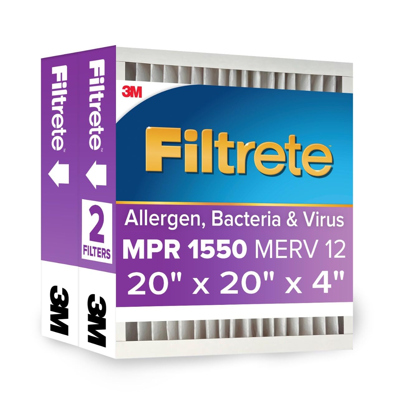 Filtrete 20x20x4 AC Furnace Air Filter, MPR 1550, MERV 12, Fits Honeywell, CERTIFIED Asthma & Allergy Friendly, Electrostatic Air Cleaning Filter, 2-Pack (Actual Size 19.88x19.88x4.31 in) Image