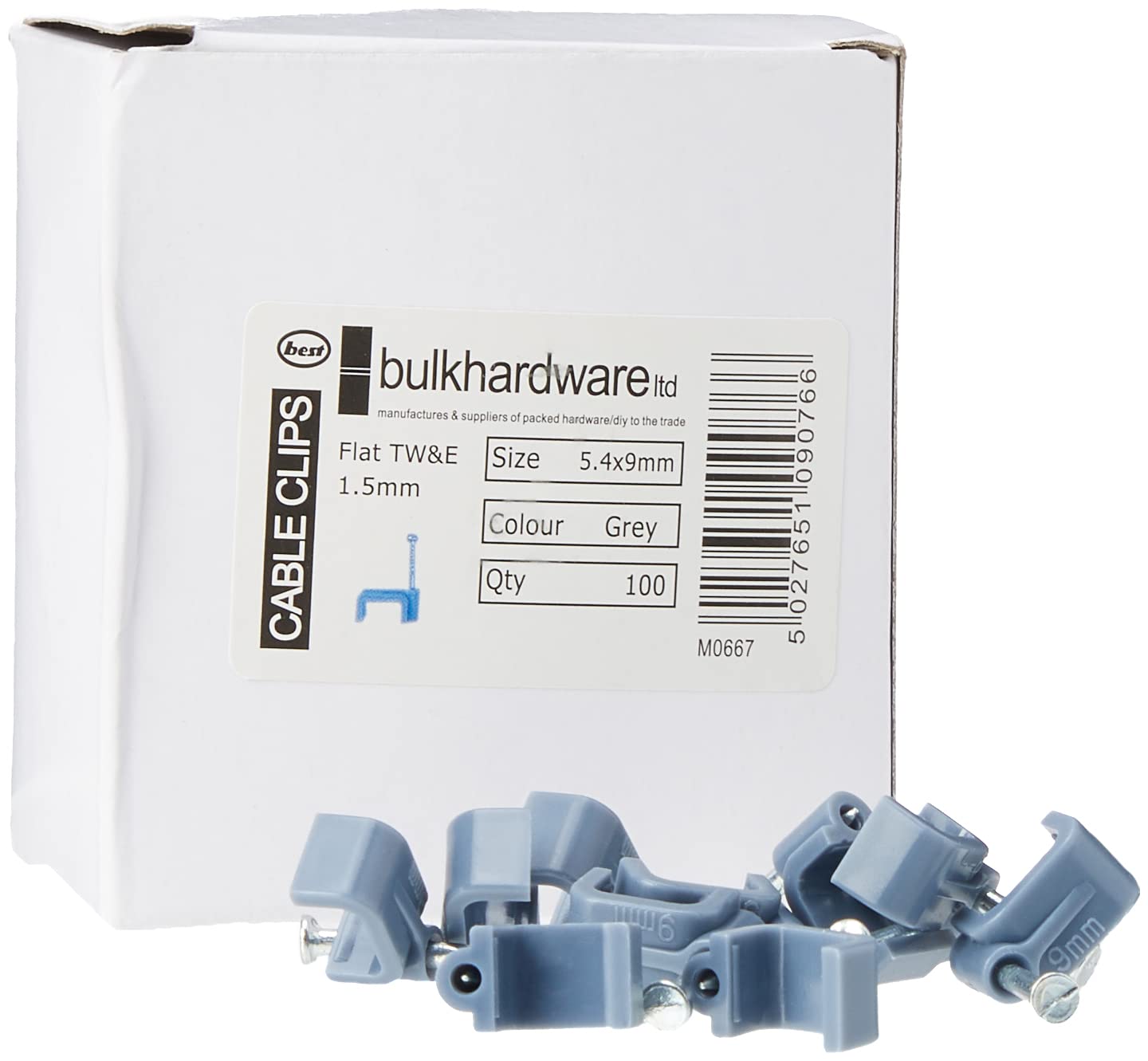 Merriway BH02510 (100 Pcs) Twin and Earth Flat Cable Clip, Grey 1.5 mm - Pack of 100 Pieces