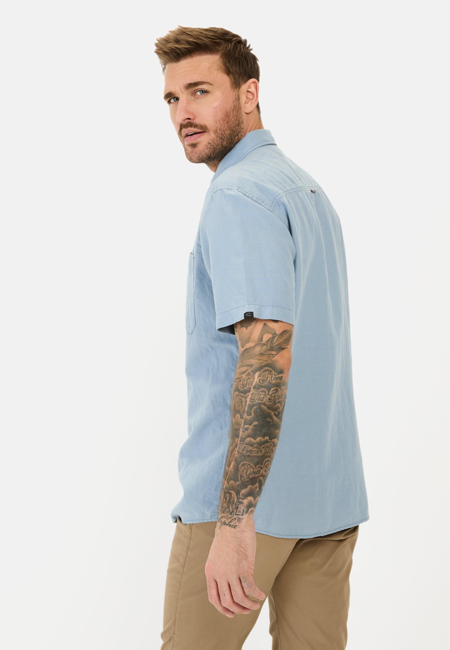 camel active Herren Kurzarmhemd aus einem Baumwoll-Leinenmix Hellblau, Menswear-S 4