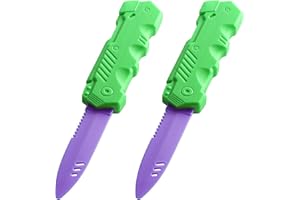 Lovisun Retractable Plastic Toy Knives - 2 Pack - Safe and Fun for Kids and Adults - Great for Halloween, Cosplay, Magic Tricks and More - Green Handle Purple Blade