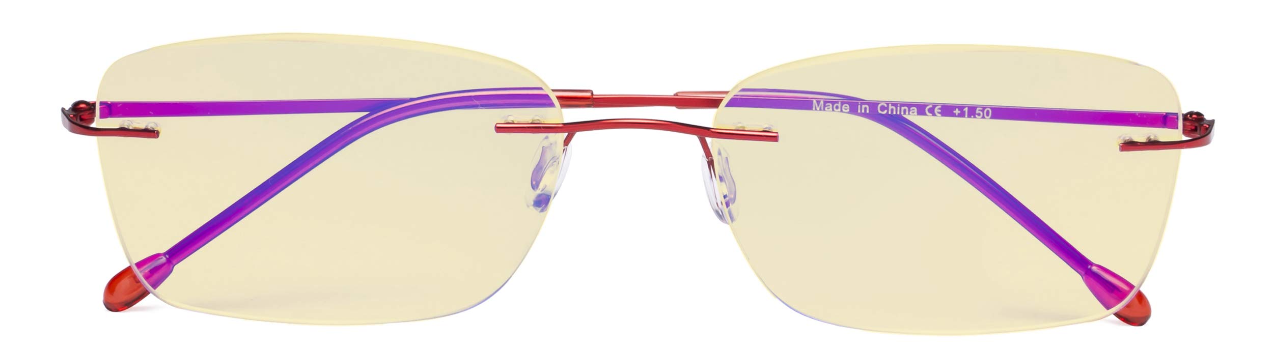 CessBlu Ladies Blue Light Blocking Glasses Anti Glare UV with Yellow Filter Lens Eyeglasses for Women Small Rimless (Red)+3.5