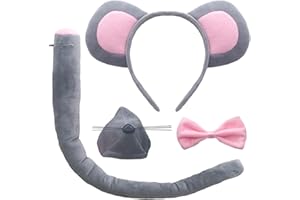 CBLUO 4 Pcs Halloween Mouse Ears Headband Nose Bow Tie Tail Gray Mouse Hair Hoops Women Bowtie Animal Headpiece Hairband Hair Bands