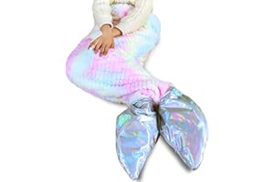 Stoinsto Thick Mermaid Tail Blanket Quilt for Cold Days, Soft Warm Winter Sleeping Bag with Plush Filling & Iridescent Shimmer Fish Tail, Wearable Cozy Flannel Snuggle Blanket, Rainbow Diamond