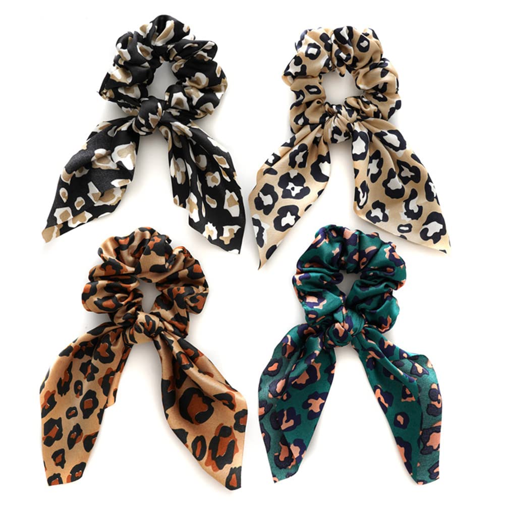 Photo 1 of ****ONLY ONE**** 4 Pack Leopard Hair Scarf Scrunchies Hair Ribbon Bow Scrunchies Long Elastic Hair Bands Rope Scrunchy 2 in 1 Chiffon Soft Ponytail Holders for Women Girls