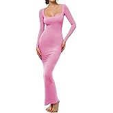 Buauty Women's Bodycon Maxi Dresses, Ribbed Square Neck Long Dress, Fall Long Sleeve Lounge Dress for Women