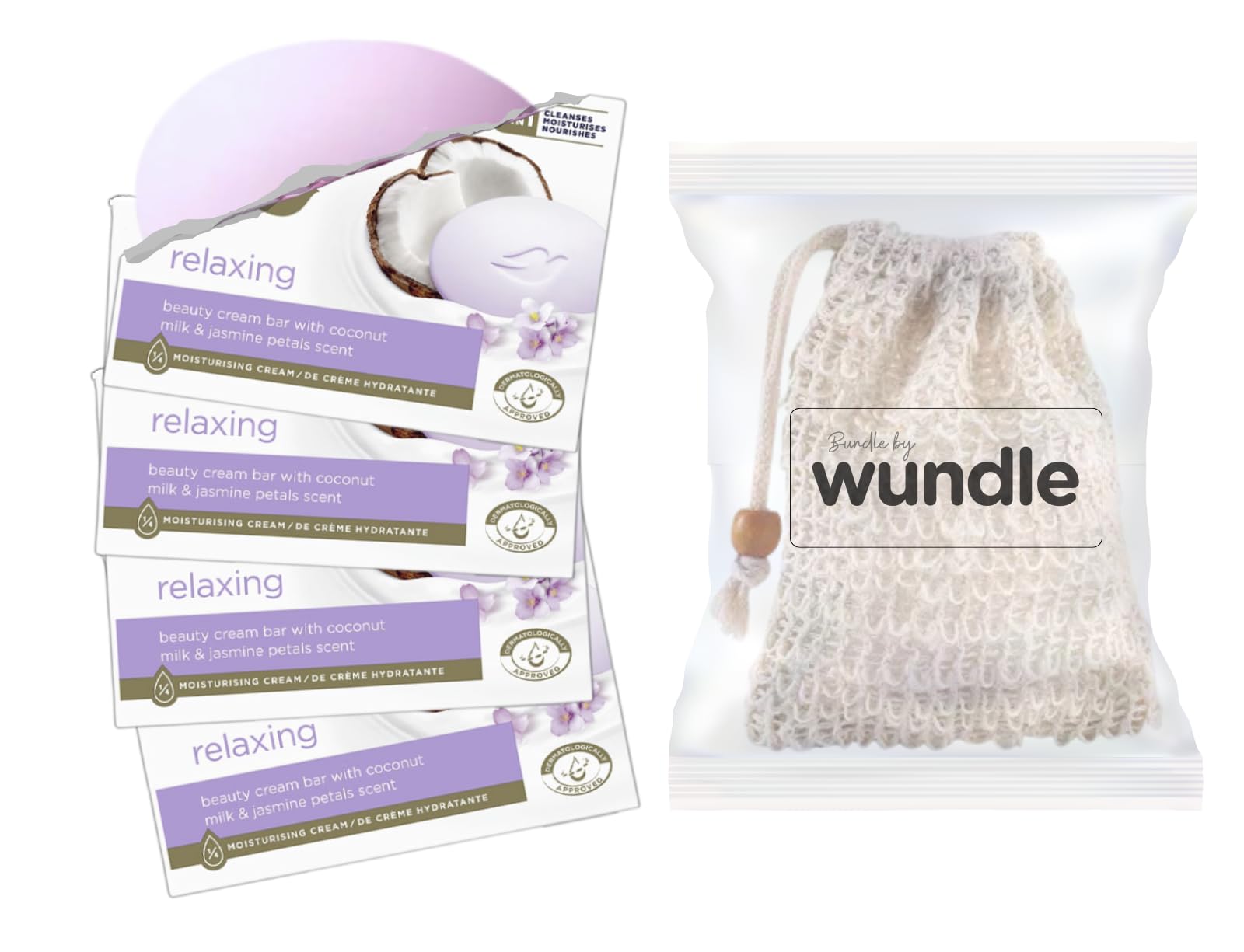 Wundle Bundle Soap Saver Exfoliating Pouch with 4 x Moisturising Soap Bars (Coconut Milk & Jasmine Petals) — image 1