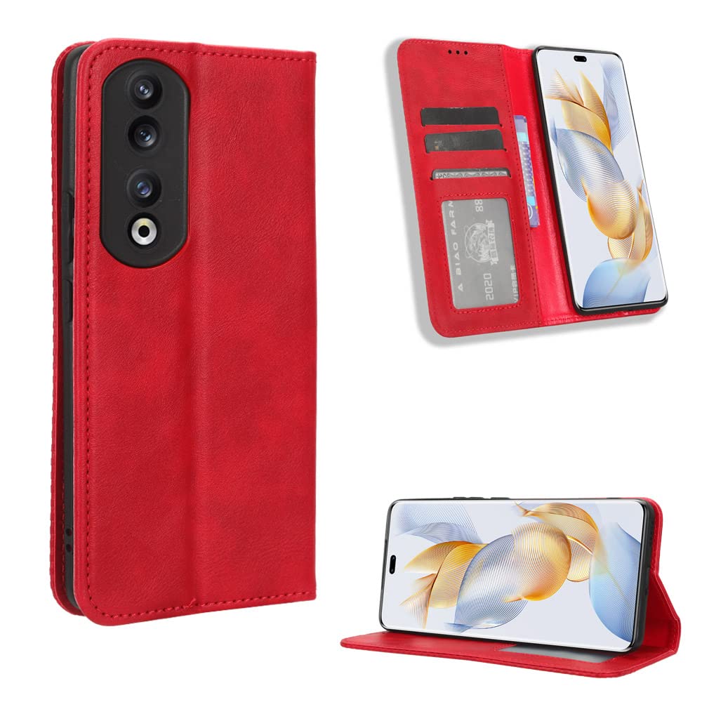 Honor 90 Case [Wallet Case] [Kickstand] [Card Slots] [Magnetic Flip Cover] Compatible with Honor 90 Smartphone(Red)
