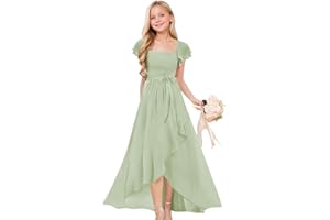 wyxis Short Sleeves Junior Bridesmaid Dresses for Teen Girls Chiffon Flower Girl Dress for Wedding Party Pageant Gown