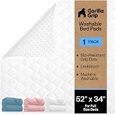 GORILLA GRIP Washable Reusable Underpads, 52x34 White | Heavy Absorbency Incontinence Bedwetting Pads, Leak Proof Toddler Mattress Pad, Slip Resistant Protector for Adults and Kids