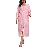 ANLIQI Women's 100% Cotton Robes Long Zipper Front House coats 3/4 Sleeve Bathrobes Lightweight Full Length Robe with Pockets