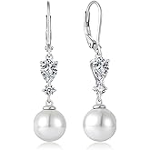 EJARY Women Pearl Dangle Drop Earrings with Birthstone 925 Sterling Silver Leverback Earring with 10MM White Pearls