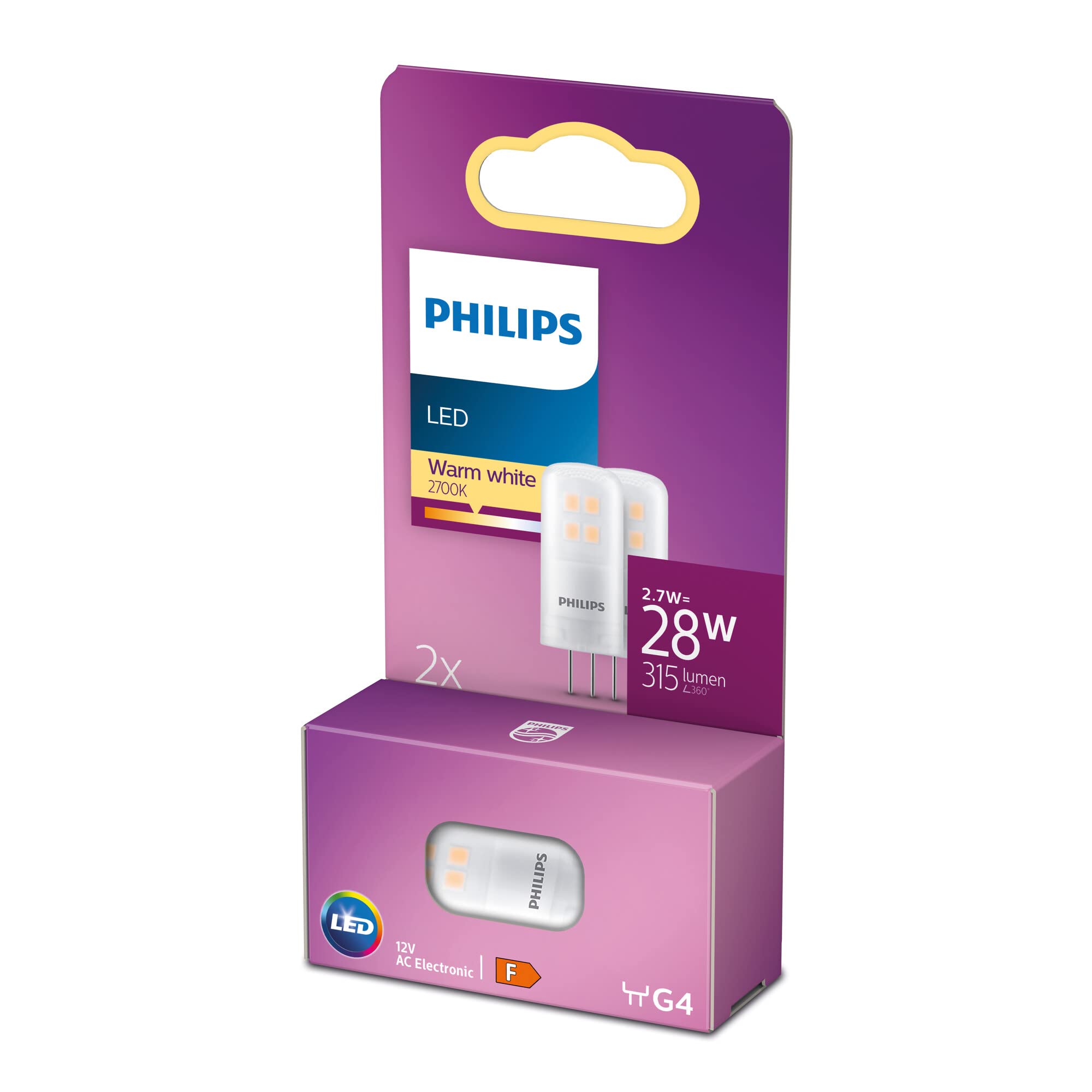 Philips LED Premium Capsule 2 Pack [G4 Socket] 2.7 - 28W Equivalent, 12V, Warm White 2700K, Non Dimmable