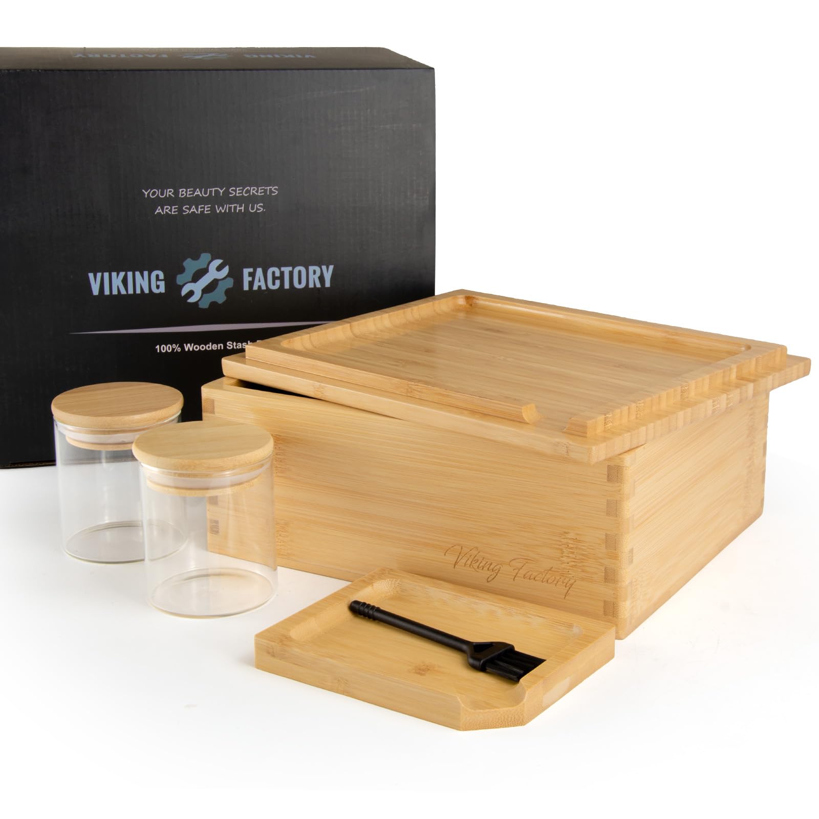 Viking Factory The OG Storage Box - Large Bamboo Box with Tray Lid, 2 Jars and Brush - Portable Decorative Wooden Box Kit with Accessories
