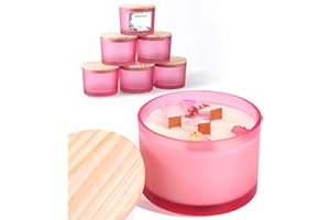 LAMORGIFT 6 Pack Glass Candle Jars with Lids (16oz, Frosted Pink) - Large Candle Jars for 3 Wick Candles Making - Empty Candle Jars Containers - Candle Making Accessories include 16Pcs Candle Labels