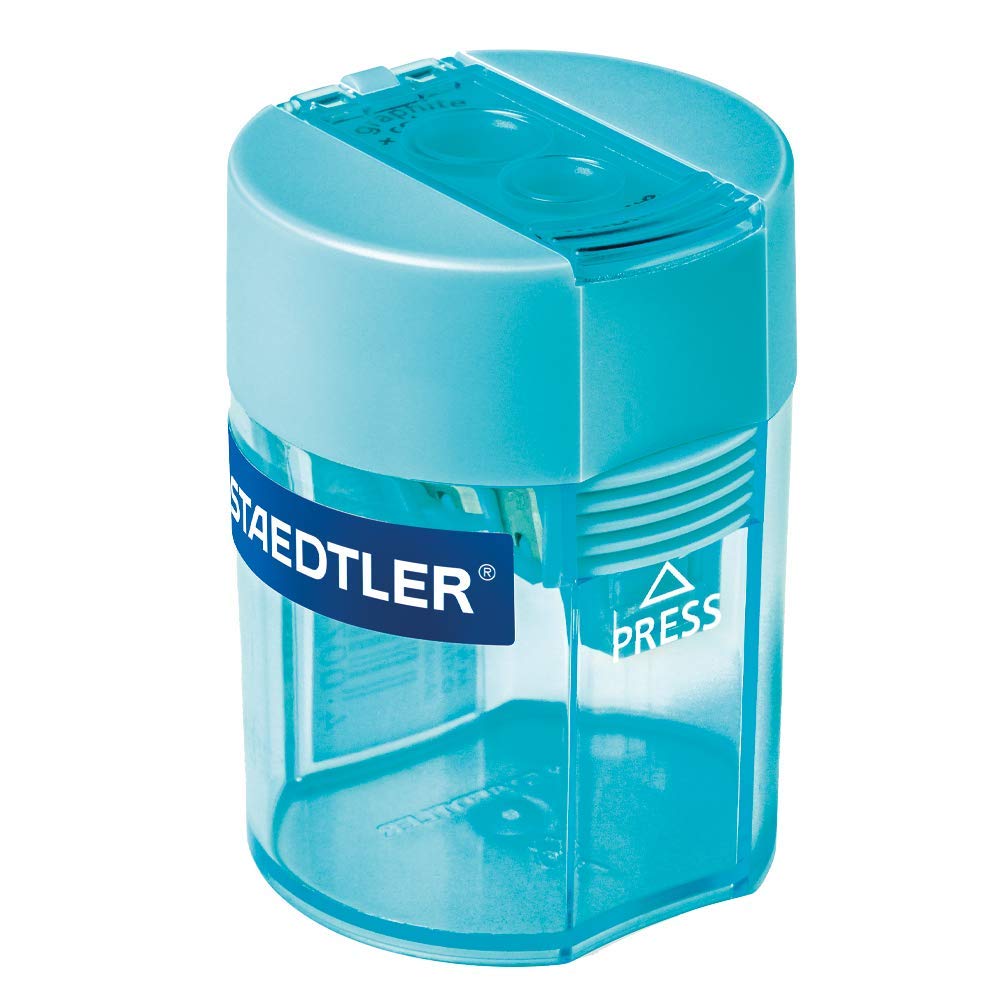 Double pencil sharpener with a cyan container