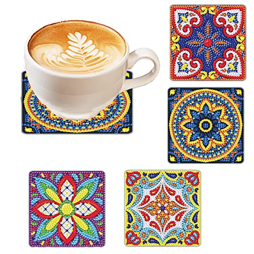 4 Pcs Diamond Paintings Coasters, DIY Coasters Small Diamond Painting Kits for Beginners, Adults & Kids Diamond Art Craft Supplies Christmas Gift Home Decor(without iron holder)