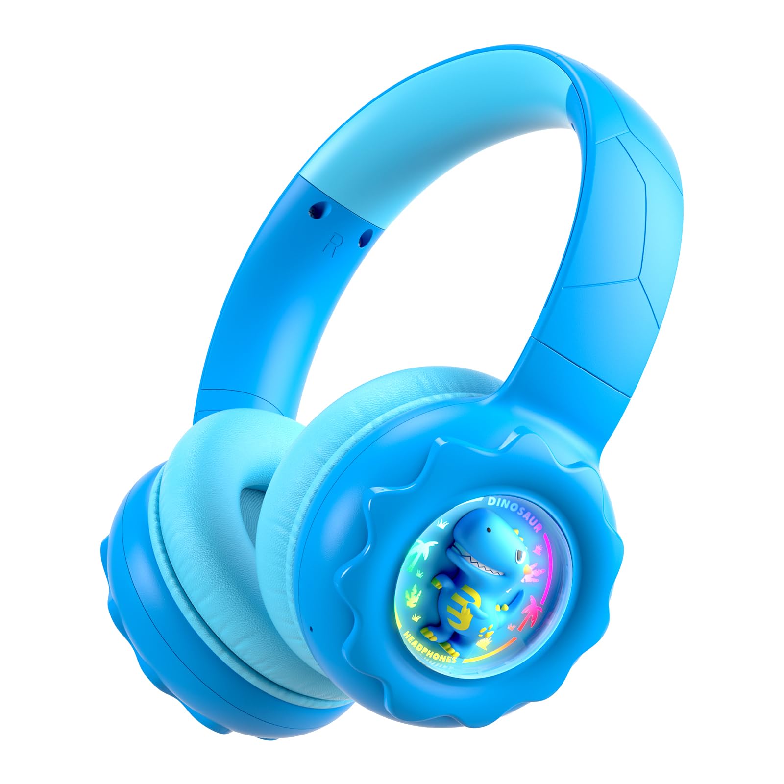 Photo 1 of Kids Bluetooth Headphones with Dinosaur Buddy, Colorful RGB Light, 85dB Safe Volume, 32mm Drivers Hi-fi Stereo Sound, Wireless Kids Headphones with Built-in Mic for iPad/Tablet/Travel, 60H Playtime