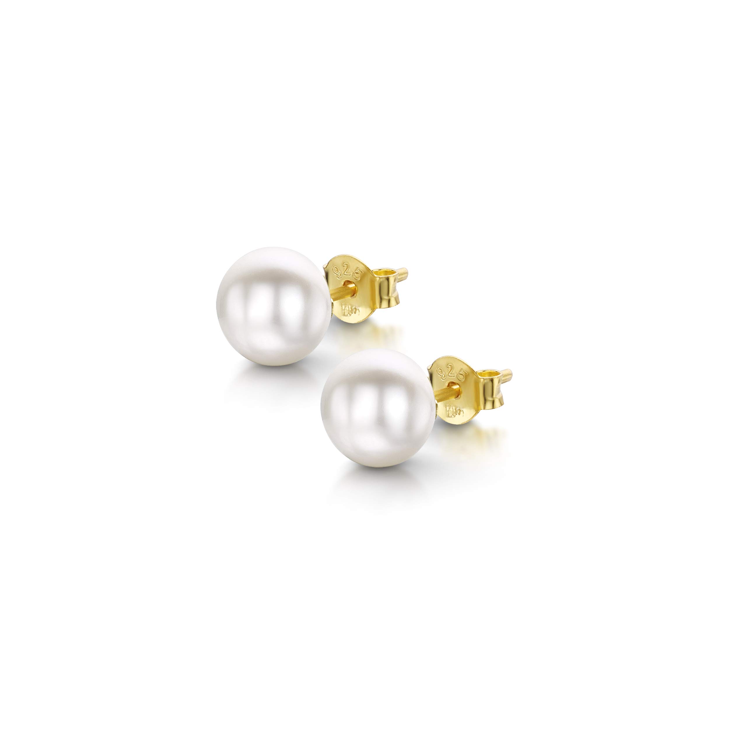 Amberta Women's 925 Sterling Silver Freshwater Pearl Stud Earrings: 7 to 8 mm White Pearl in Gold Plated Sterling Silver