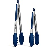 EEKEDO Tongs for Cooking, Stainless Steel Kitchen Tongs with Silicone Tips | 600&ordm;F High Heat-Resistant, Non Scratch, Locking Tong for BBQ Grilling Air Fryer Food Salads, Set of 2 (9" and 12") Navy Blue