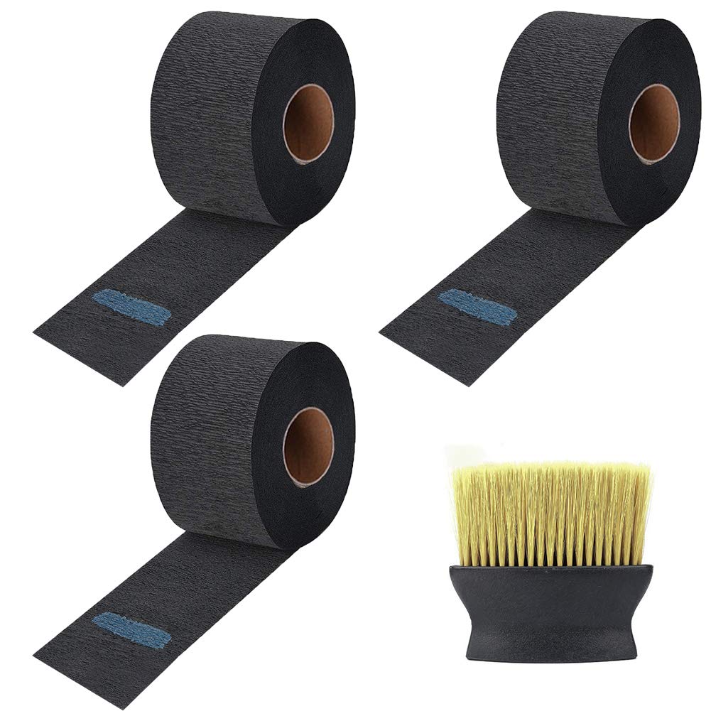 3 Rolls Disposable Neck Barber Neck Tape Protection Paper Strips Paper Neck Ruffle Roll with 1 Barbers Brush for Salon Disposable Hairdressing