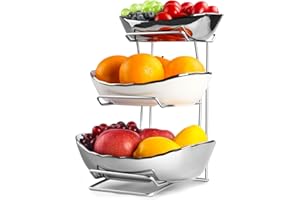 Fruit Basket For Kitchen Counter, 3 Tier Serving Bowl, Ceramic Holder For Countertop Tiered Fruit Stand With Metal Stand, Det