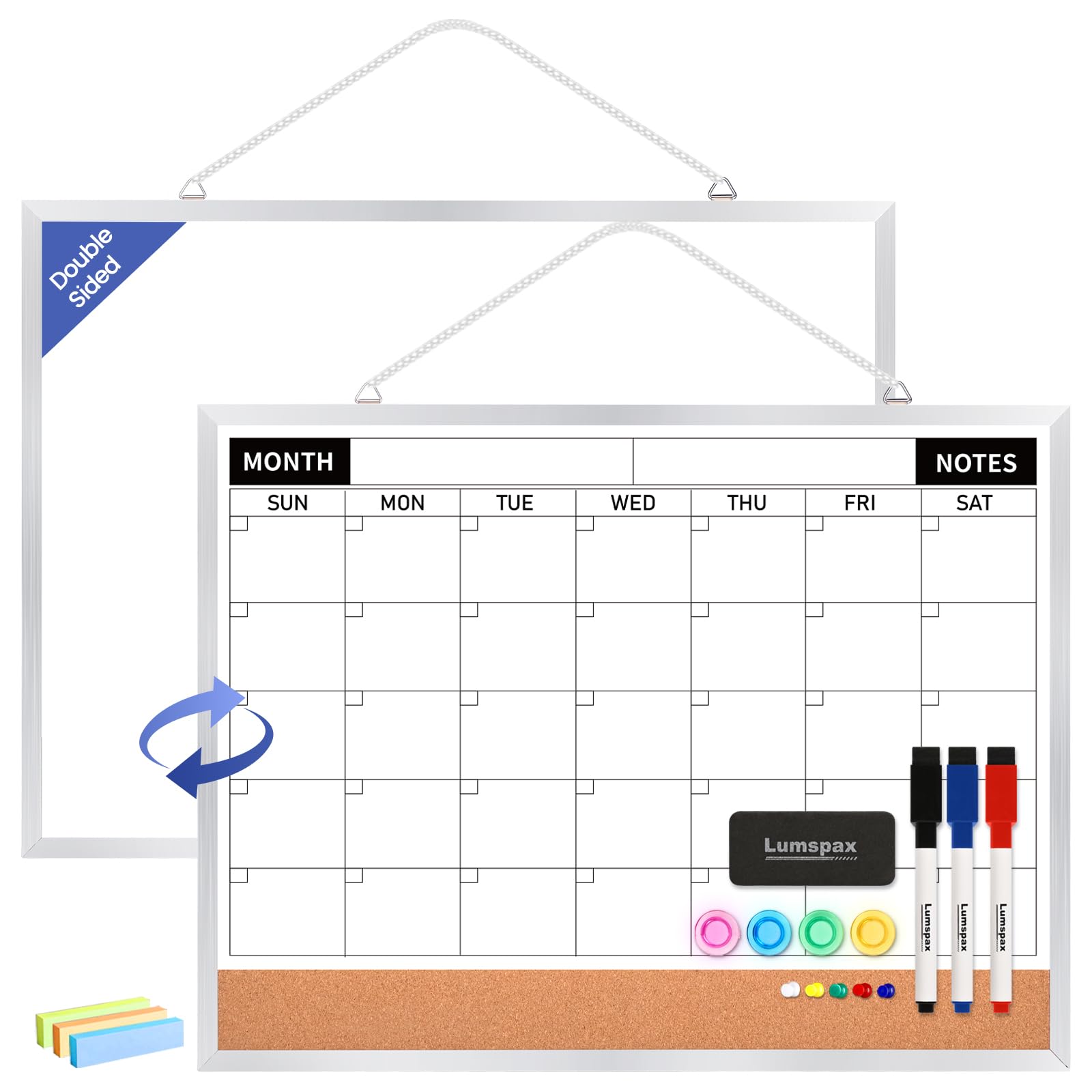 Photo 1 of Lumspax Monthly Calendar Dry Erase Board for Wall, 17"x13" Double-Sided Magnetic Calendar White Board with Cork, Silver Aluminum Alloy Frame Hanging Small Whiteboard for Office, Home, School