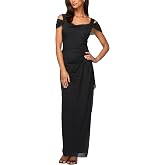 Alex Evenings Women's Long Cold Shoulder Mother of the Bride Dress with Cowl Neckline and Overlay Skirt