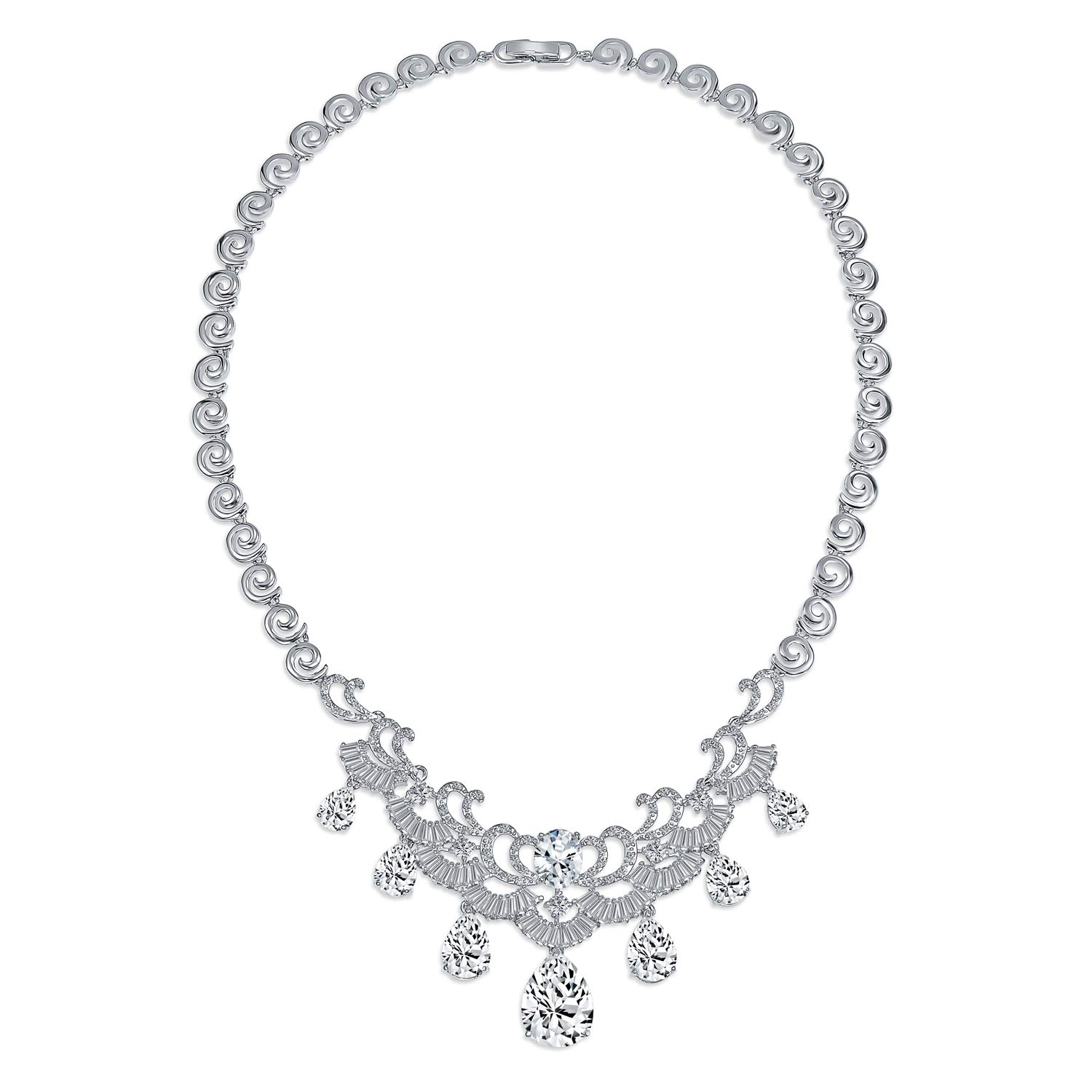 Vintage Estate Jewelry Art Deco Style Baguette AAA CZ Clear Large Dangling Teardrops Bib Statement Bridal Collar Necklace For Women, Wedding