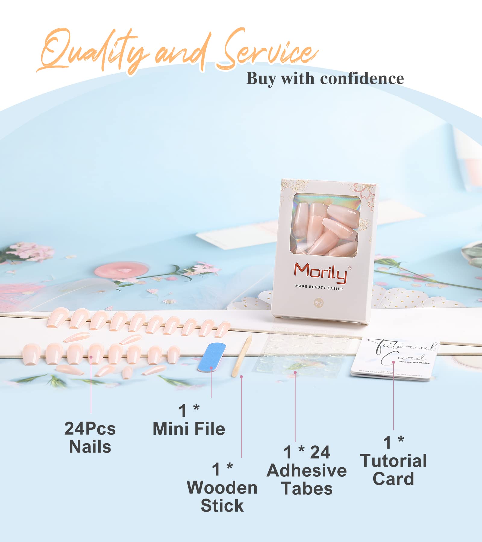 Morily Press on Nails - Pink Ombre Coffin Fake Nails Medium Length, French Tip Glossy False Stick on Fingernails for Women - 24Pcs in 12 Sizes - Image 9