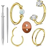 MODRSA 4pcs Gold Cartilage Earrings for Women Helix Piercing Jewelry Small Opal Double Tragus Hoop Earring Cartilage Hoop Second Hole Earrings for Women 18g Septum Ring Horseshoe Nose Ring Hoops 8mm