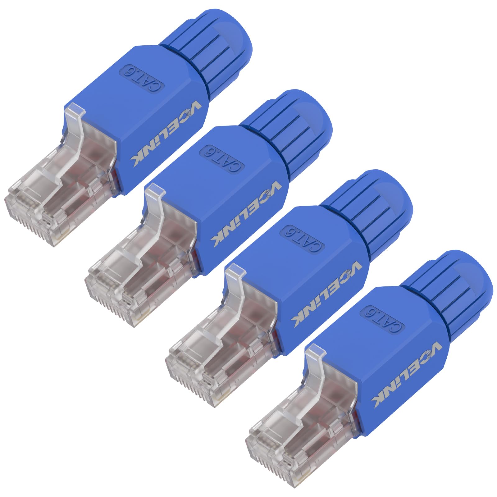 VCELINK Cat6 Tool-Free RJ45 Connector, 1000 Mbps/250 MHz, Reusable UTP Gold-Plated Ethernet Plug for 23-26 AWG Network Cable, PoE Toolless Ethernet Modular Plug, Blue, 4 Pack