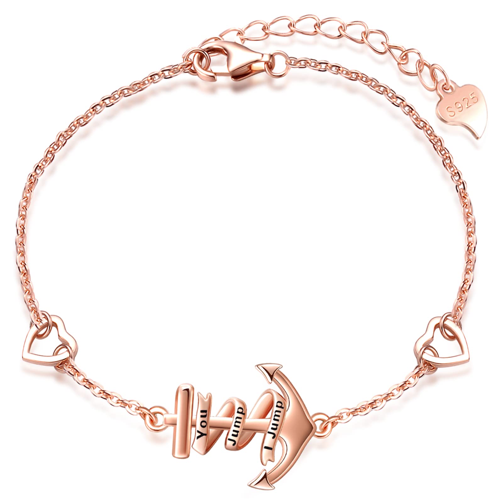 MicLee Bracelet elegant for womens and girls, 925 sterling silver bracelets, Anchor bracelet, Engraving "You Jump I Jump", symbol of courage, protection and strength, adjustable chain, rose gold