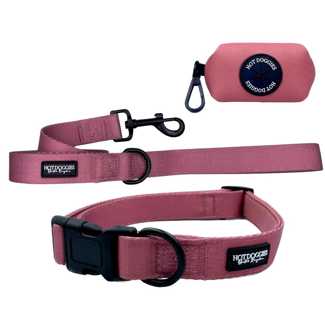 Hot Doggies Essential Dog Walking Bundle. 6 COLOURS AVAILABLE. Includes Dog Collar, 1.5m Lead and Poo Waste Bag Holder. Sizes X-Small - Large. (Small, Rosewood Pink)