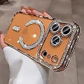 QSIETSPY Magnetic Case for iPhone 17 Pro Max 6.9"[Compatible with MagSafe] with Sparkle Diamond Camera Protection Shockproof Clear Cute Glitter Bling Phone Case for iPhone 17 ProMax,Gold