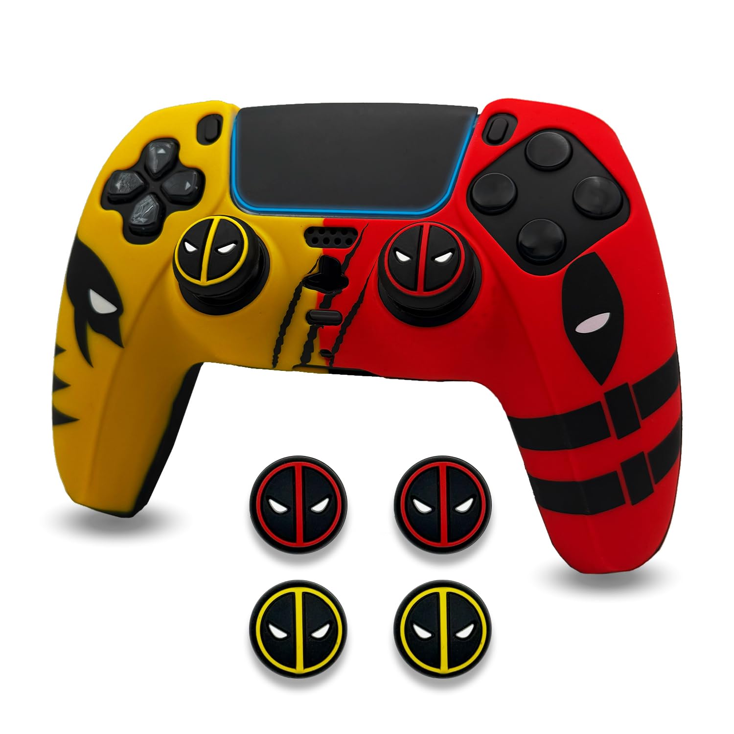 ElitePlay Yellow and Red Dpool vs Wolve Anti-Slip Silicone Cover Skin for PS5 Controller, Soft Rubber Case for PS5 Wireless Controller With Thumb Grip Set