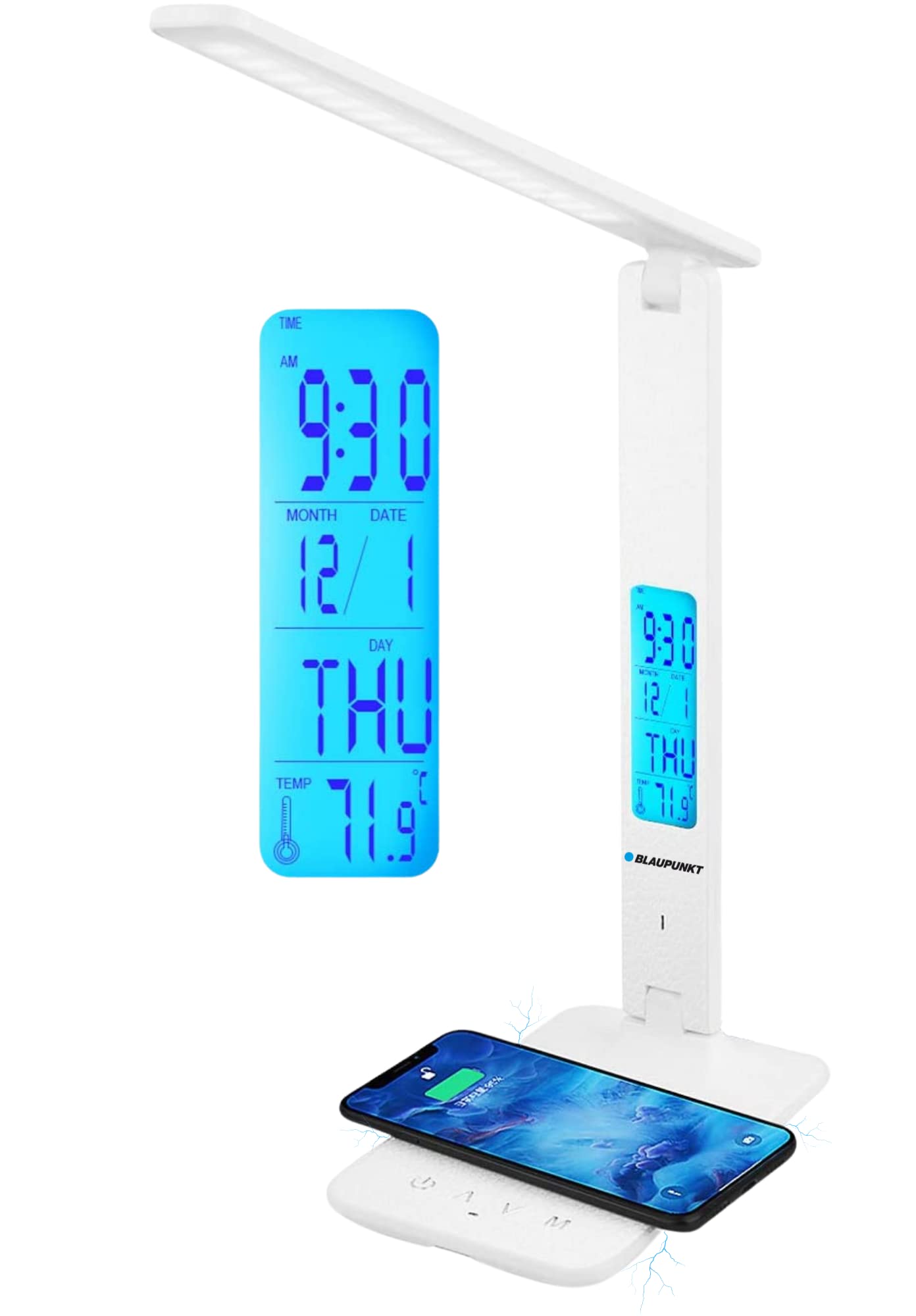 BLAUPUNKT White LED Desk Lamp, Wireless Phone Charger, USB, Dimmable Table Lamp with 5 Colour Modes, Adjustable Arm, LCD Display, Clock Calendar Temperature, Easy to Use - EU Plug Point