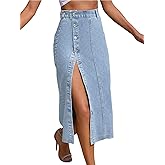 utcoco Women High Waisted Midi Jean Skirts Irregular Slit Hem Button Down Slim Fit Pencil Denim Skirt