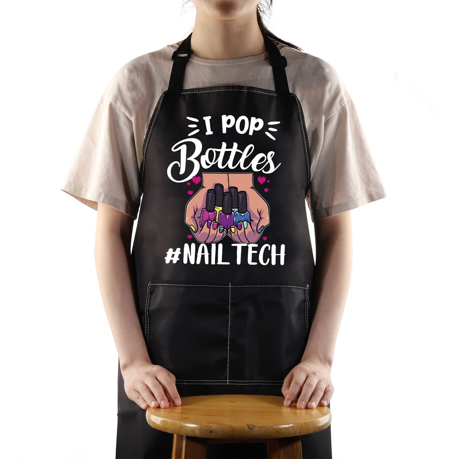 WZMPA Nail Tech Cooking Apron - I Pop Bottles Technician Gift, Adjustable Apron for Stylist, Inspired Gifts, Nail Tech Black, Medium