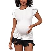 GINKANA Maternity Tops Short Petal Sleeve Tshirt Pleated Round Neck Tee Ruched Sides Shirts Casual Tunic